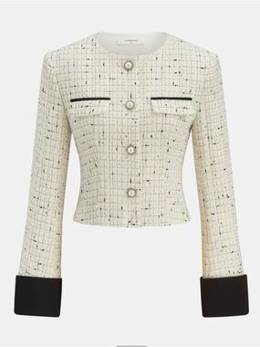 Contrast Cuff Pearl Button Tweed Jacket